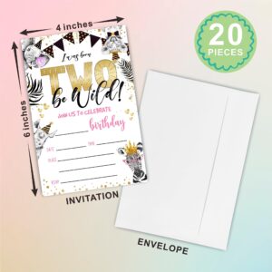 2nd Animals Theme Birthday Invitations - Born Two Be Wild - Birthday Party Invite Cards For Boys & Girls - 20 Double Side Fill-In Invites With Envelopes, Party Favor & Decorations - A09