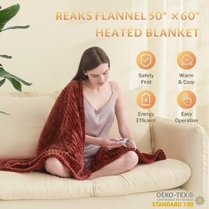 Reaks Heated Blanket Throw - 50" x 60" Electric Blanket with 4 Fast Heating Levels & 3 Hours Auto Off, Soft Flannel Heating Blankets for Home Office, UL&FCC Certification, Machine Washable, Red