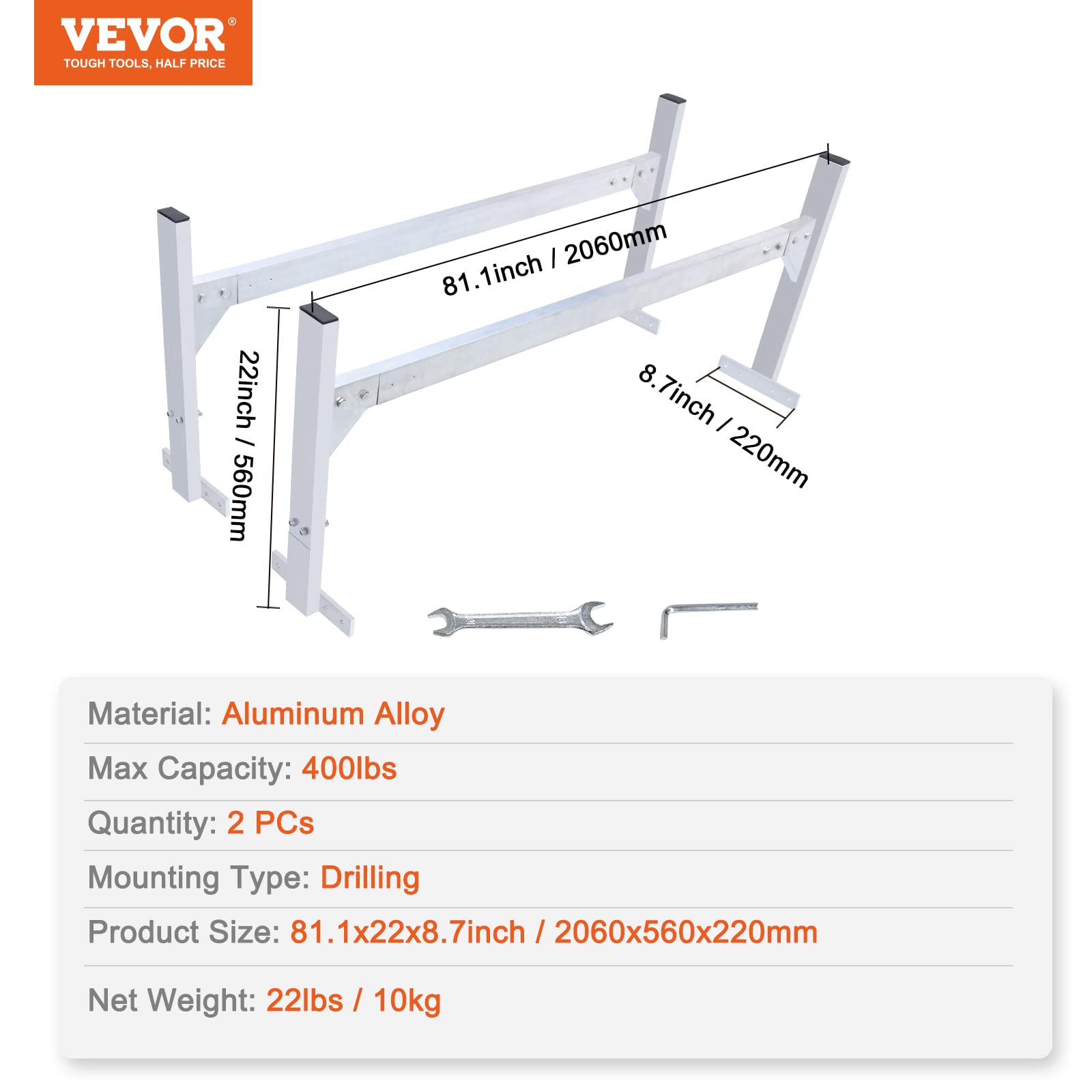 VEVOR Trailer Ladder Rack, 51.2" to 81.1" Adjustable Ladder Racks for Van, 400 LBS Capacity Aluminum Alloy Roof Racks, Drilling Van Ladder Rack for Open and Enclosed Trailers, 2 Pcs