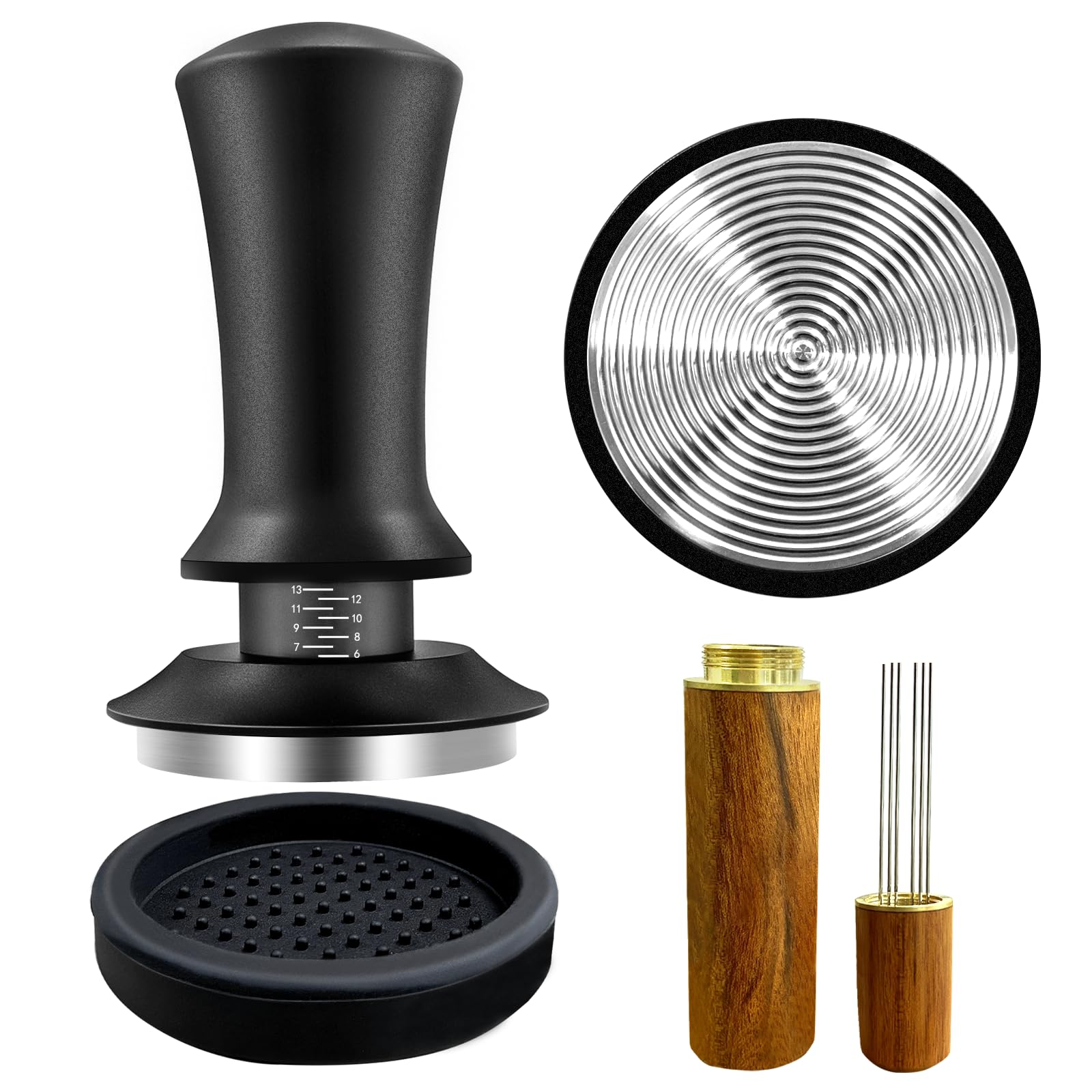 Coffee Espresso Tamper 51mm with WDT Tool Calibrated Spring Loaded, Coffee Press with Silicone Mat, 100% Flat Stainless Steel Base Tamper for Espresso Coffee Machine (51mm, Black)