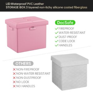 DocSafe Storage Ottoman with Lock,Fireproof Folding Ottoman Foot Rest Stool Storage Chest with Storage Safe for Important Documents,Waterproof 17 Inches Short Ottoman Foot Stool with Handles,Pink