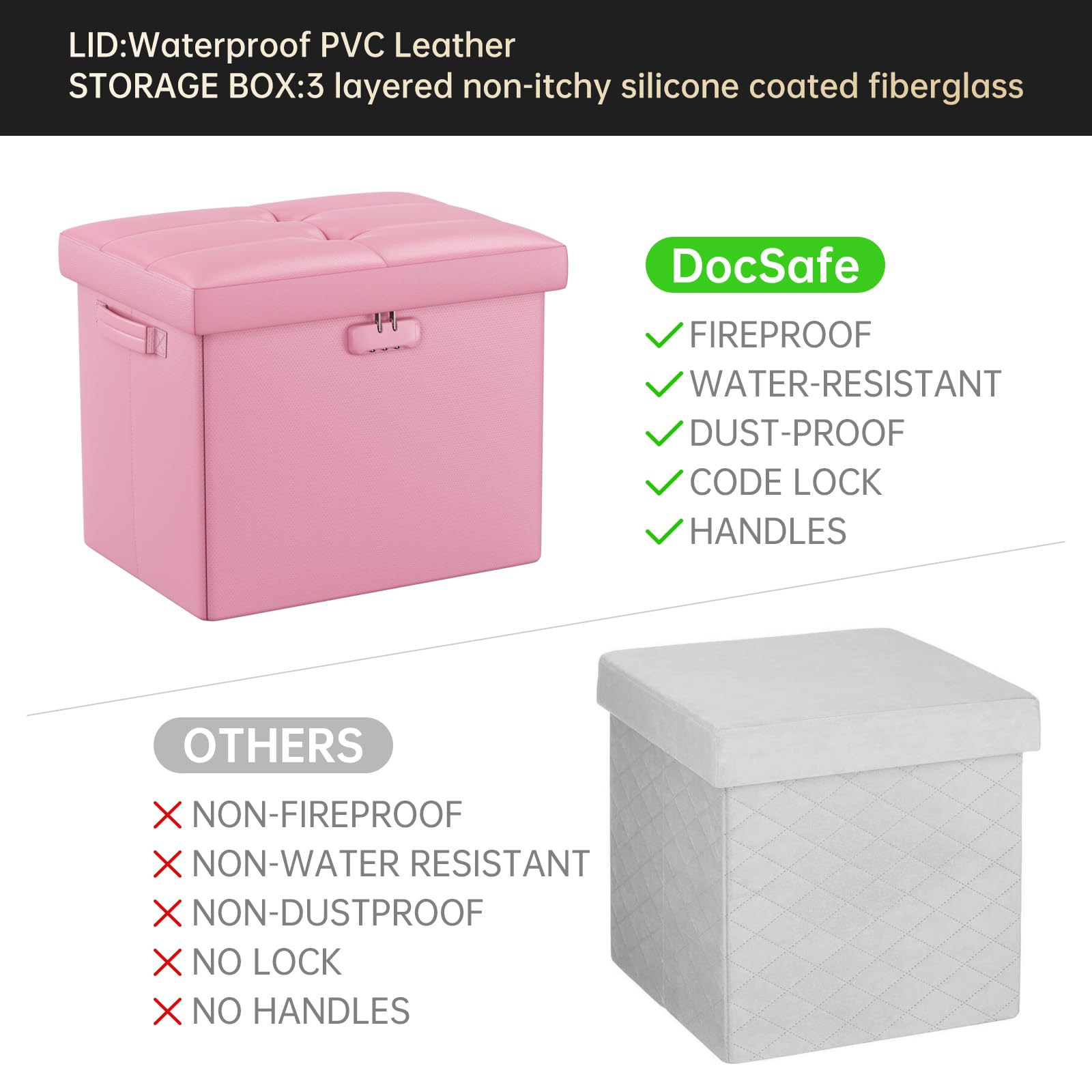 DocSafe Storage Ottoman with Lock,Fireproof Folding Ottoman Foot Rest Stool Storage Chest with Storage Safe for Important Documents,Waterproof 17 Inches Short Ottoman Foot Stool with Handles,Pink