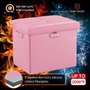 DocSafe Storage Ottoman with Lock,Fireproof Folding Ottoman Foot Rest Stool Storage Chest with Storage Safe for Important Documents,Waterproof 17 Inches Short Ottoman Foot Stool with Handles,Pink