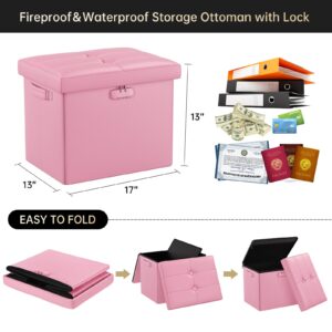 DocSafe Storage Ottoman with Lock,Fireproof Folding Ottoman Foot Rest Stool Storage Chest with Storage Safe for Important Documents,Waterproof 17 Inches Short Ottoman Foot Stool with Handles,Pink