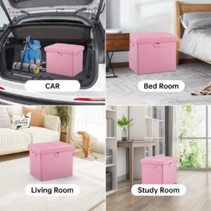 DocSafe Storage Ottoman with Lock,Fireproof Folding Ottoman Foot Rest Stool Storage Chest with Storage Safe for Important Documents,Waterproof 17 Inches Short Ottoman Foot Stool with Handles,Pink