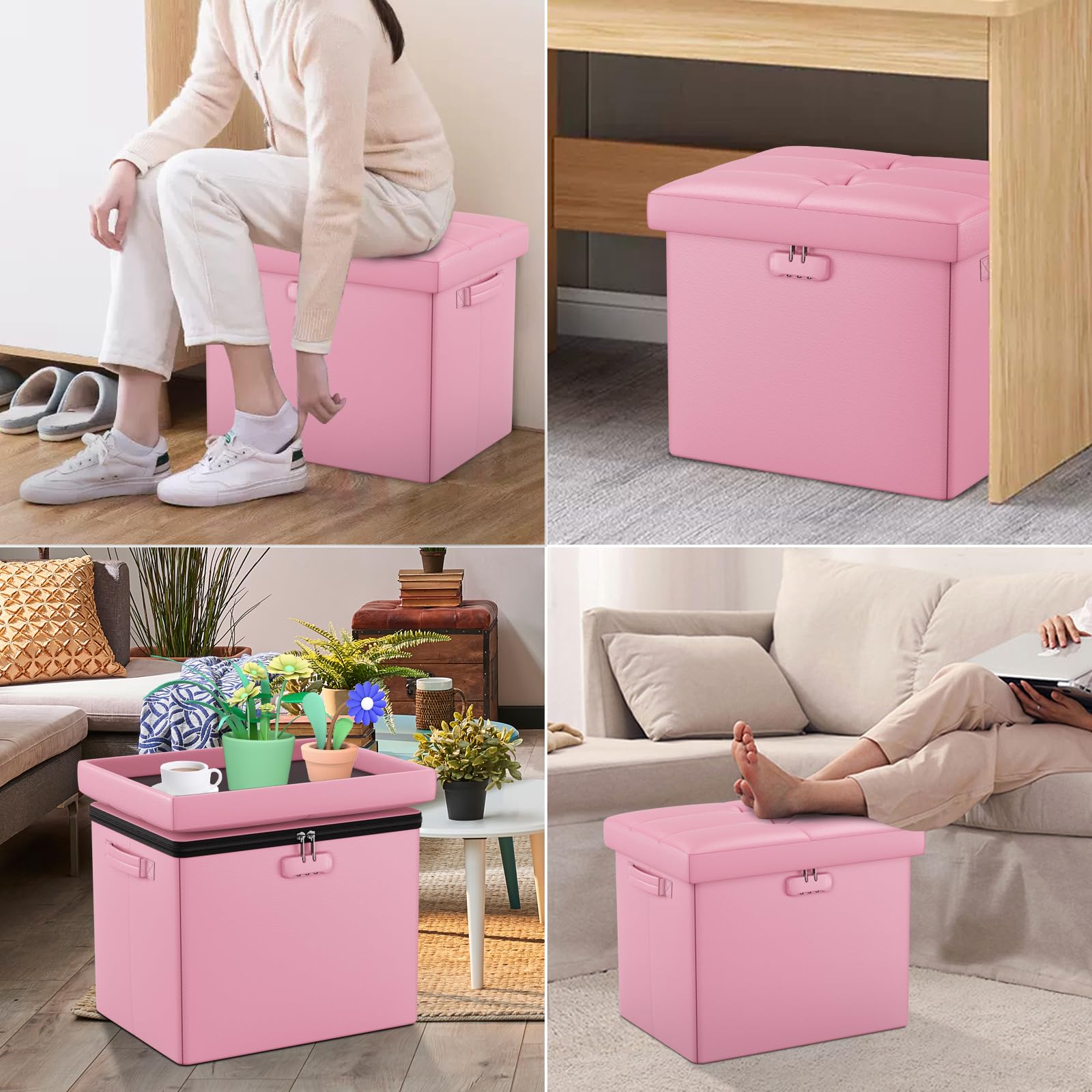 DocSafe Storage Ottoman with Lock,Fireproof Folding Ottoman Foot Rest Stool Storage Chest with Storage Safe for Important Documents,Waterproof 17 Inches Short Ottoman Foot Stool with Handles,Pink