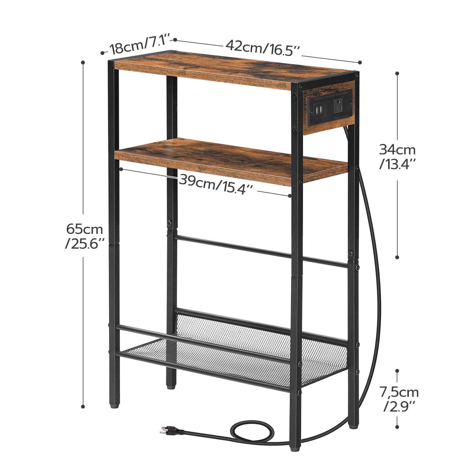 HOOBRO Small Narrow Side Table with Charging Station, Skinny End Table for Small Spaces, Slim Nightstand with USB Ports Outlet, Sofa Beside Table with Storage Shelf, Rustic Brown and Black BF102UBZ01