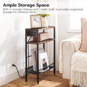 HOOBRO Small Narrow Side Table with Charging Station, Skinny End Table for Small Spaces, Slim Nightstand with USB Ports Outlet, Sofa Beside Table with Storage Shelf, Rustic Brown and Black BF102UBZ01