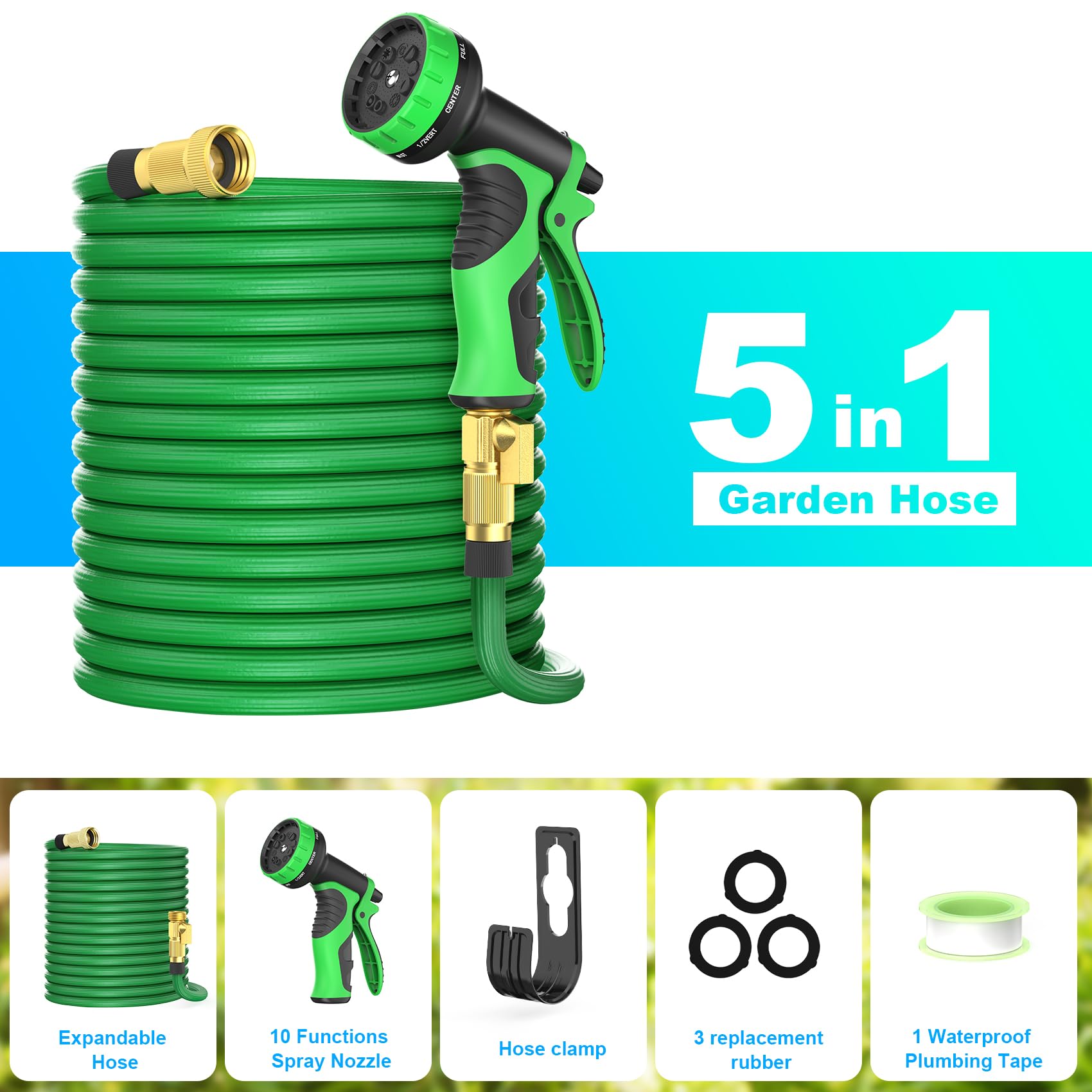 100ft Expandable Garden Hose with 10 Function Nozzles, New Water Hose with 50 Layers Innovative Nano Rubber, 3/4" Solid Brass Fittings, Flexible Hose Expanding Hose