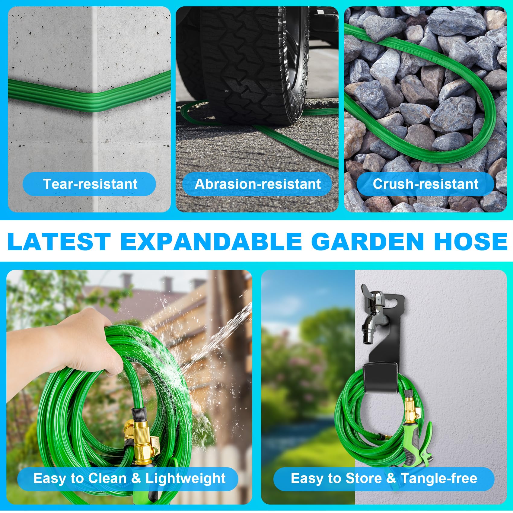 100ft Expandable Garden Hose with 10 Function Nozzles, New Water Hose with 50 Layers Innovative Nano Rubber, 3/4" Solid Brass Fittings, Flexible Hose Expanding Hose