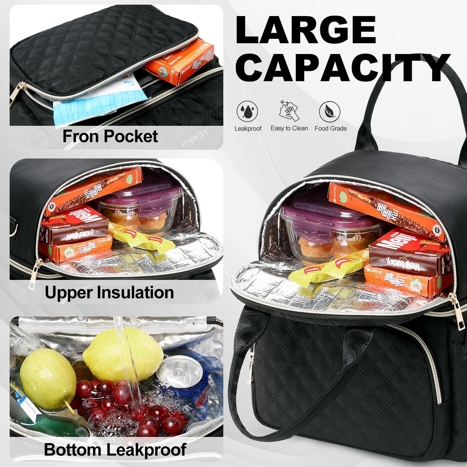 AIJIEKE Lunch Bag for Men Women, Dual Compartment Lunch Box Insulated Lunch Bags, Large Adult Double Deck Leak Proof Lunch Tote Cooler with Adjustable Shoulder Strap for Work Picnic Beach, Black