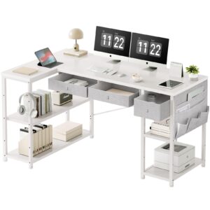 Ｍａｉｈａｉｌ Home Office Desk with Drawers and Shelves, 55” Computer Corner Desk for Small Space, Small L Shaped Desk with Side Storage for Bedroom, White