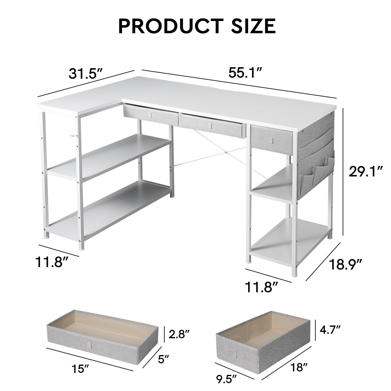 Ｍａｉｈａｉｌ Home Office Desk with Drawers and Shelves, 55” Computer Corner Desk for Small Space, Small L Shaped Desk with Side Storage for Bedroom, White