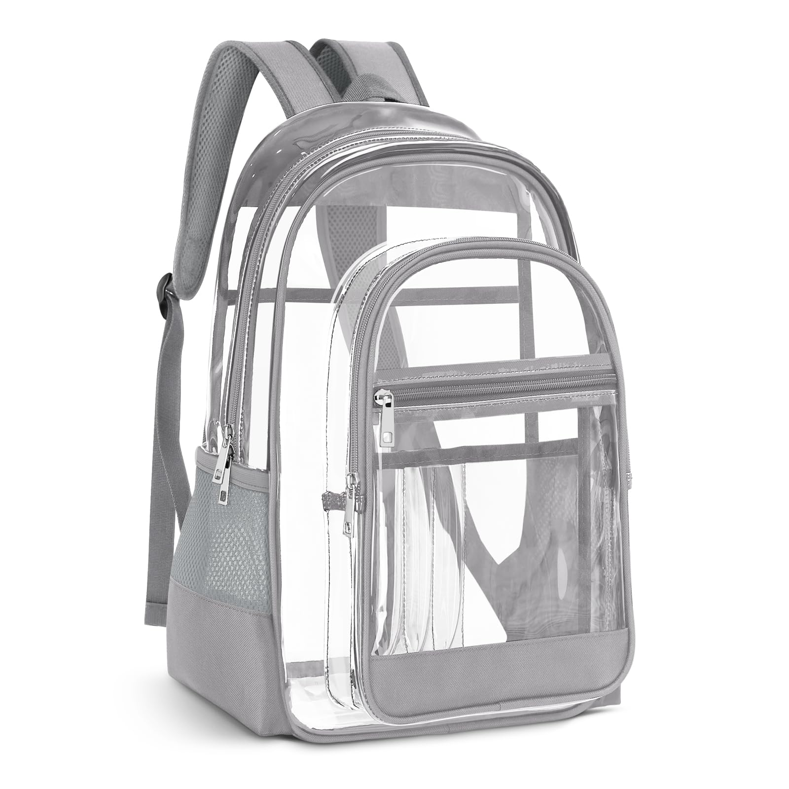 KIMNERPU Clear Backpack, Heavy Duty PVC Transparent Backpack with Reinforced Straps, See Through Multiple Pockets Large Capacity Bookbag for Concert Sport Event Work Security Travel Festival (Grey)