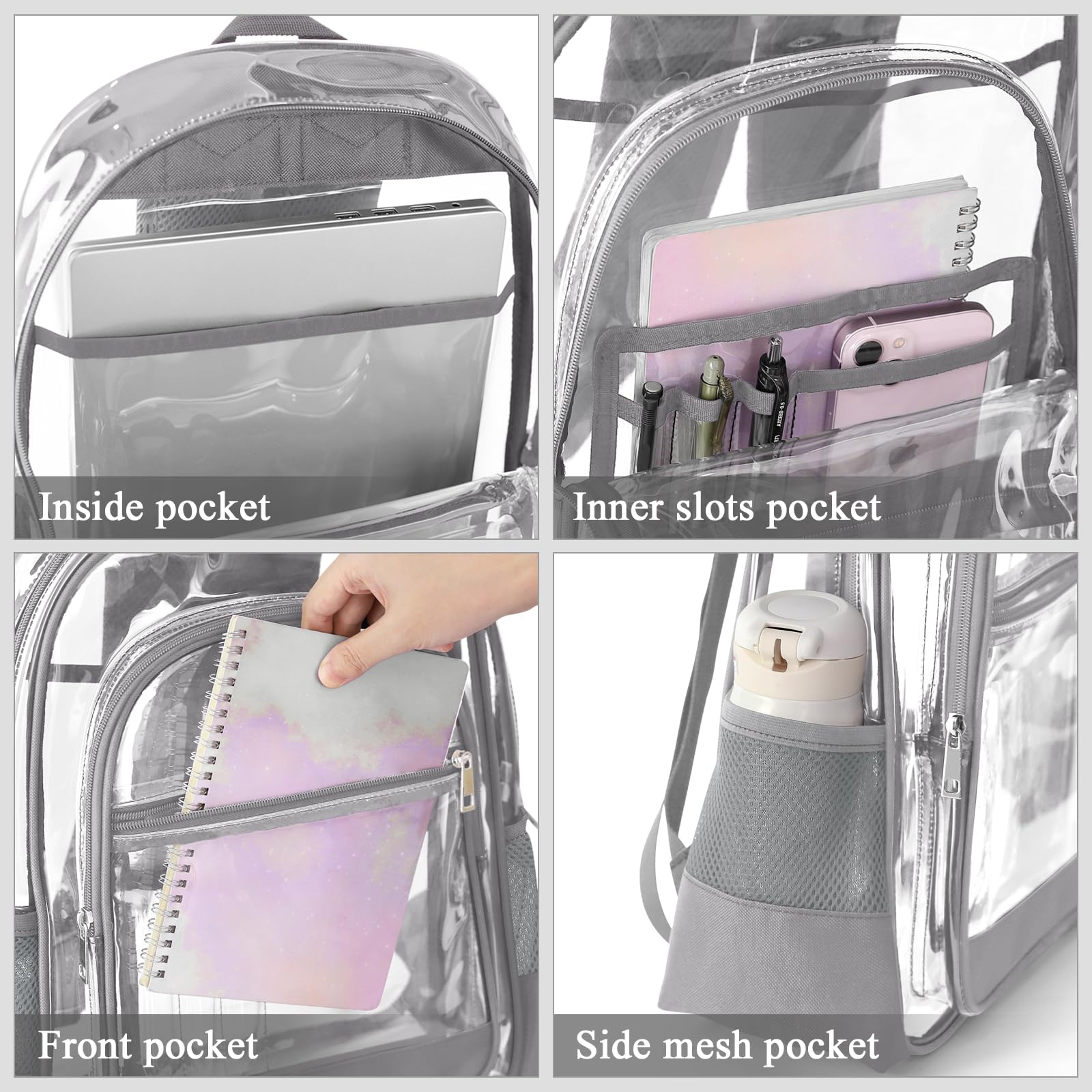 KIMNERPU Clear Backpack, Heavy Duty PVC Transparent Backpack with Reinforced Straps, See Through Multiple Pockets Large Capacity Bookbag for Concert Sport Event Work Security Travel Festival (Grey)