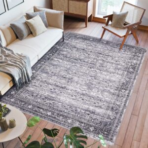 Area Rug 9x12 Living Room: Soft Large Washable Rugs with Non-Slip Rubber Backing Stain Resistant Modern Indoor Boho Vintage Carpet for Bedroom Dining Nursery Room Home Office (Gray)