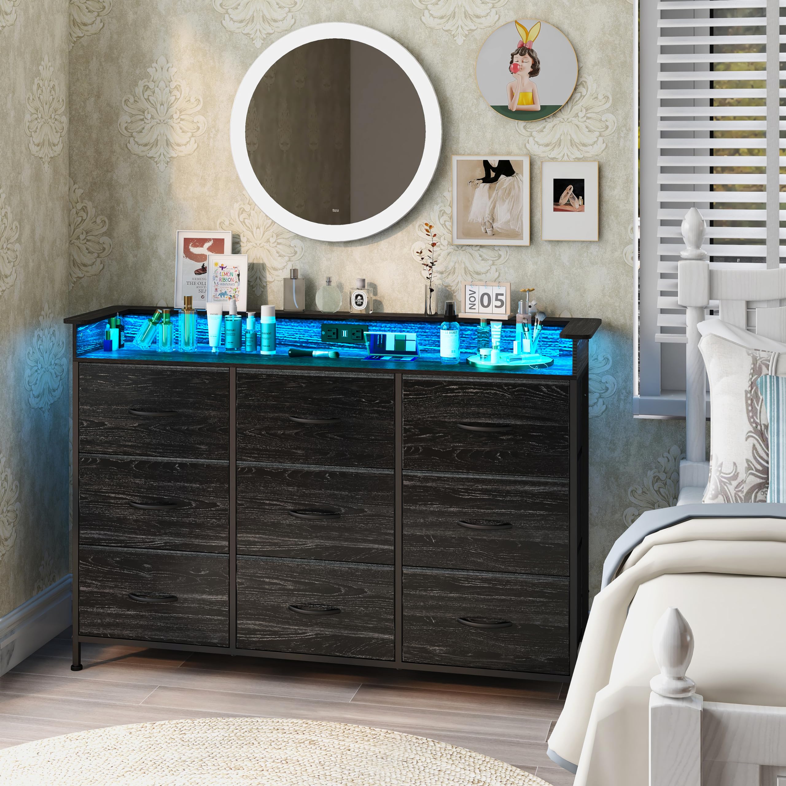 EXOTICA Black Dresser with Charging Station 9 Drawers Dresser with LED Light and USB Ports Fabric Dresser for Bedroom Hallway Entryway Closets Sturdy Steel Frame Wood Top