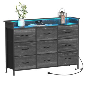 EXOTICA Black Dresser with Charging Station 9 Drawers Dresser with LED Light and USB Ports Fabric Dresser for Bedroom Hallway Entryway Closets Sturdy Steel Frame Wood Top