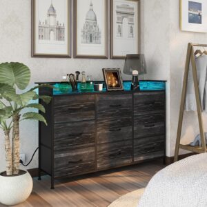 EXOTICA Black Dresser with Charging Station 9 Drawers Dresser with LED Light and USB Ports Fabric Dresser for Bedroom Hallway Entryway Closets Sturdy Steel Frame Wood Top