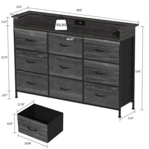 EXOTICA Black Dresser with Charging Station 9 Drawers Dresser with LED Light and USB Ports Fabric Dresser for Bedroom Hallway Entryway Closets Sturdy Steel Frame Wood Top