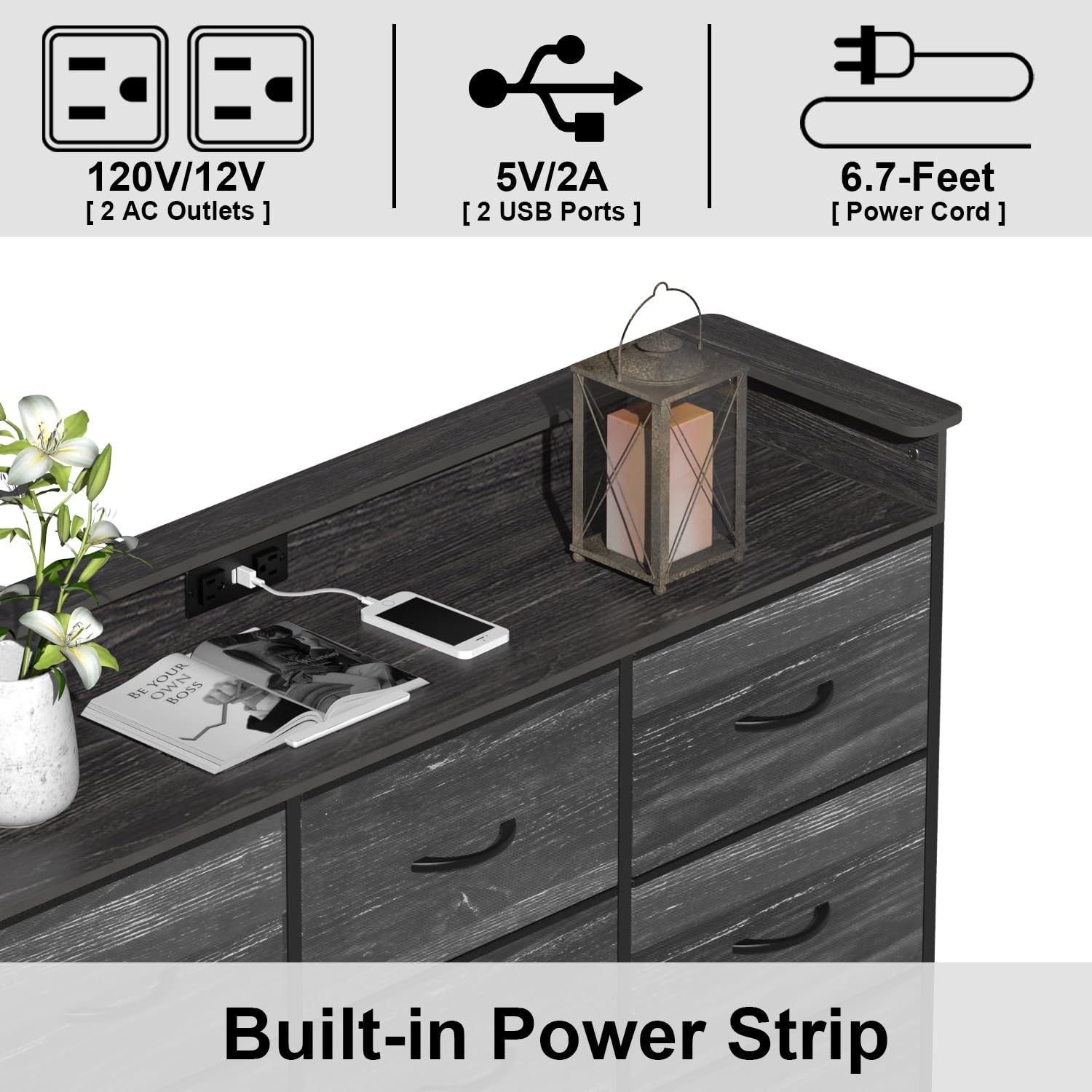 EXOTICA Black Dresser with Charging Station 9 Drawers Dresser with LED Light and USB Ports Fabric Dresser for Bedroom Hallway Entryway Closets Sturdy Steel Frame Wood Top