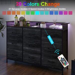 EXOTICA Black Dresser with Charging Station 9 Drawers Dresser with LED Light and USB Ports Fabric Dresser for Bedroom Hallway Entryway Closets Sturdy Steel Frame Wood Top