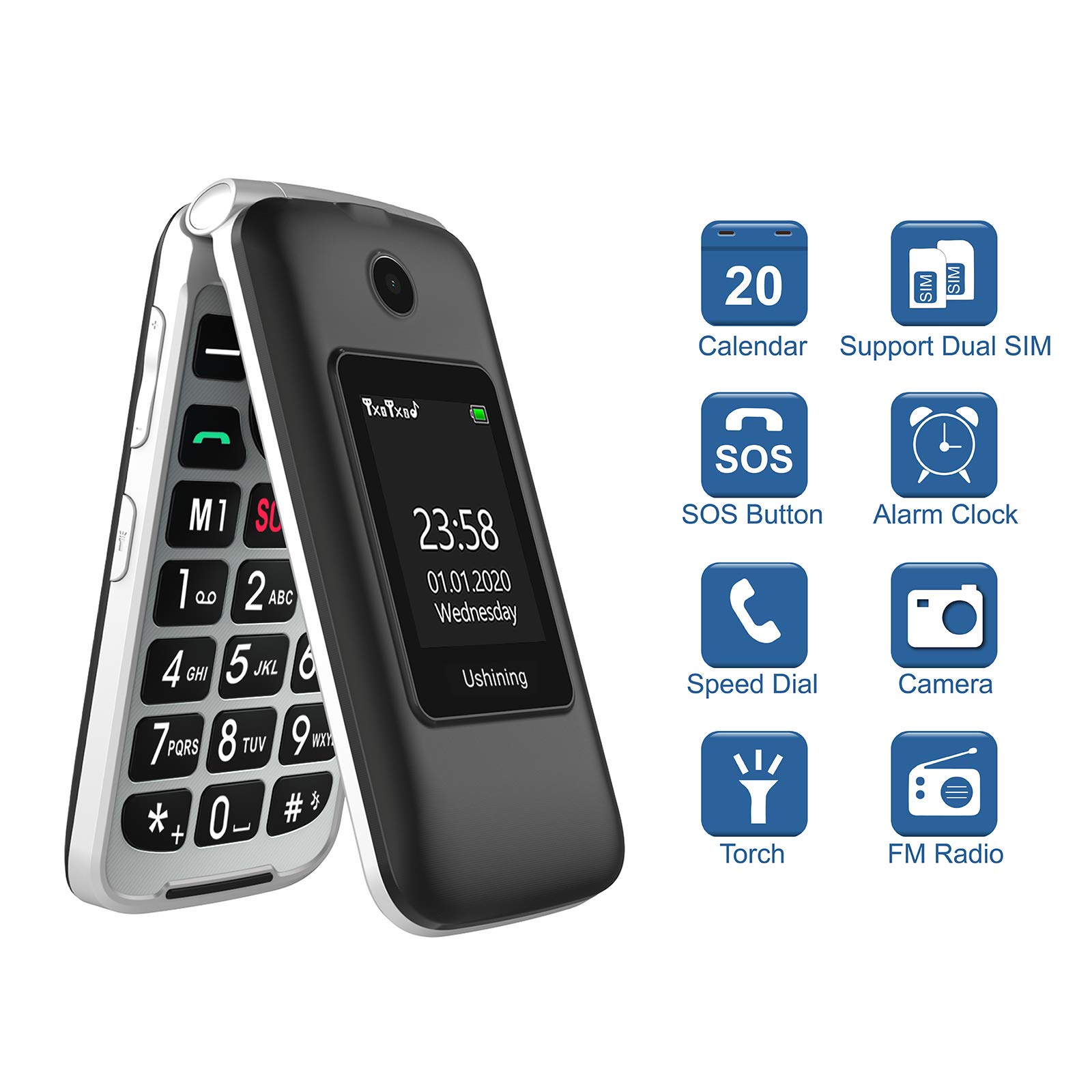 USHINING 4G Senior Flip Phone Unlocked with Speed Talk SIM Card Big Button Clear Sound Seniors Cell Phone for Elderly with Charging Dock (Black)