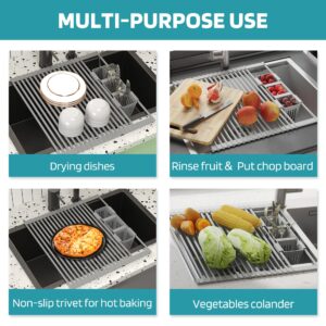 Roll Up Dish Drying Rack, Silicone Wrapped Over The Sink Multipurpose Foldable Dish Drainer Anti-Slip Dish Racks for Kitchen Counter, Sink Drying Rack Cover with Utensil Holder (Gray, 17.3" x 17.6")