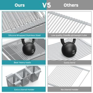 Roll Up Dish Drying Rack, Silicone Wrapped Over The Sink Multipurpose Foldable Dish Drainer Anti-Slip Dish Racks for Kitchen Counter, Sink Drying Rack Cover with Utensil Holder (Gray, 17.3" x 17.6")