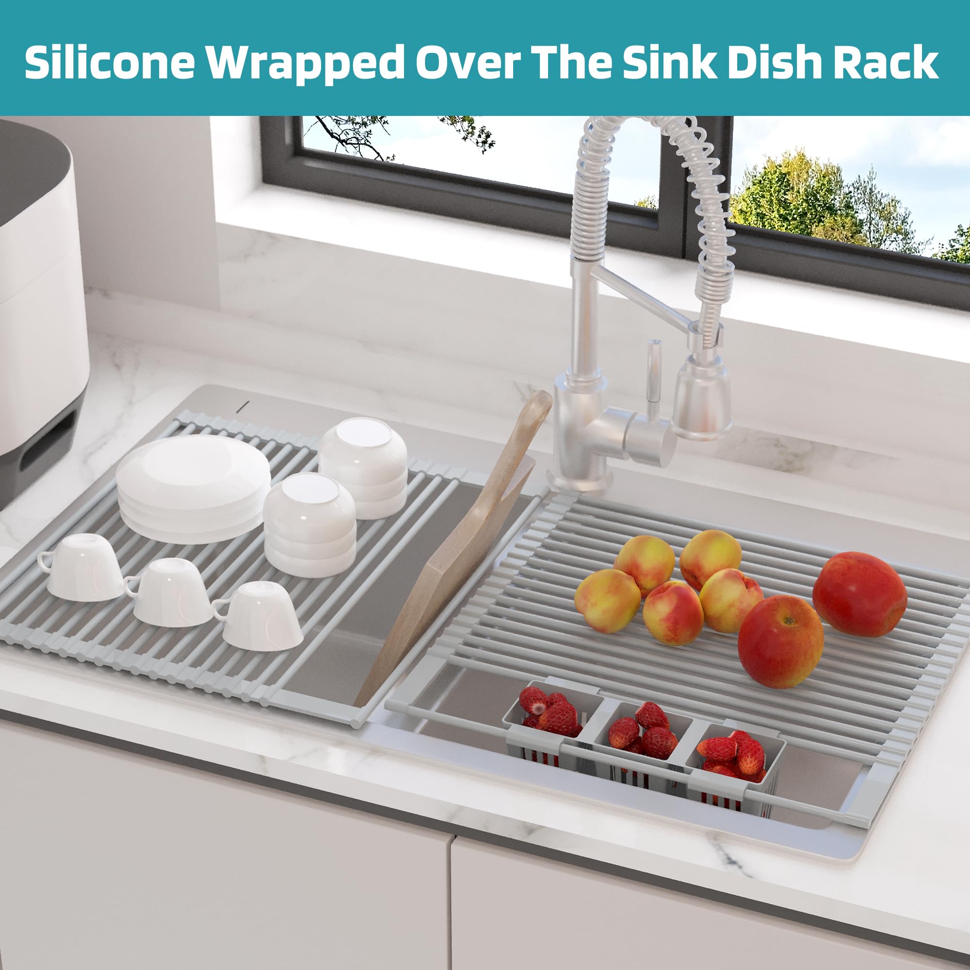 Roll Up Dish Drying Rack, Silicone Wrapped Over The Sink Multipurpose Foldable Dish Drainer Anti-Slip Dish Racks for Kitchen Counter, Sink Drying Rack Cover with Utensil Holder (Gray, 17.3" x 17.6")