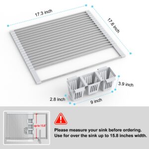 Roll Up Dish Drying Rack, Silicone Wrapped Over The Sink Multipurpose Foldable Dish Drainer Anti-Slip Dish Racks for Kitchen Counter, Sink Drying Rack Cover with Utensil Holder (Gray, 17.3" x 17.6")