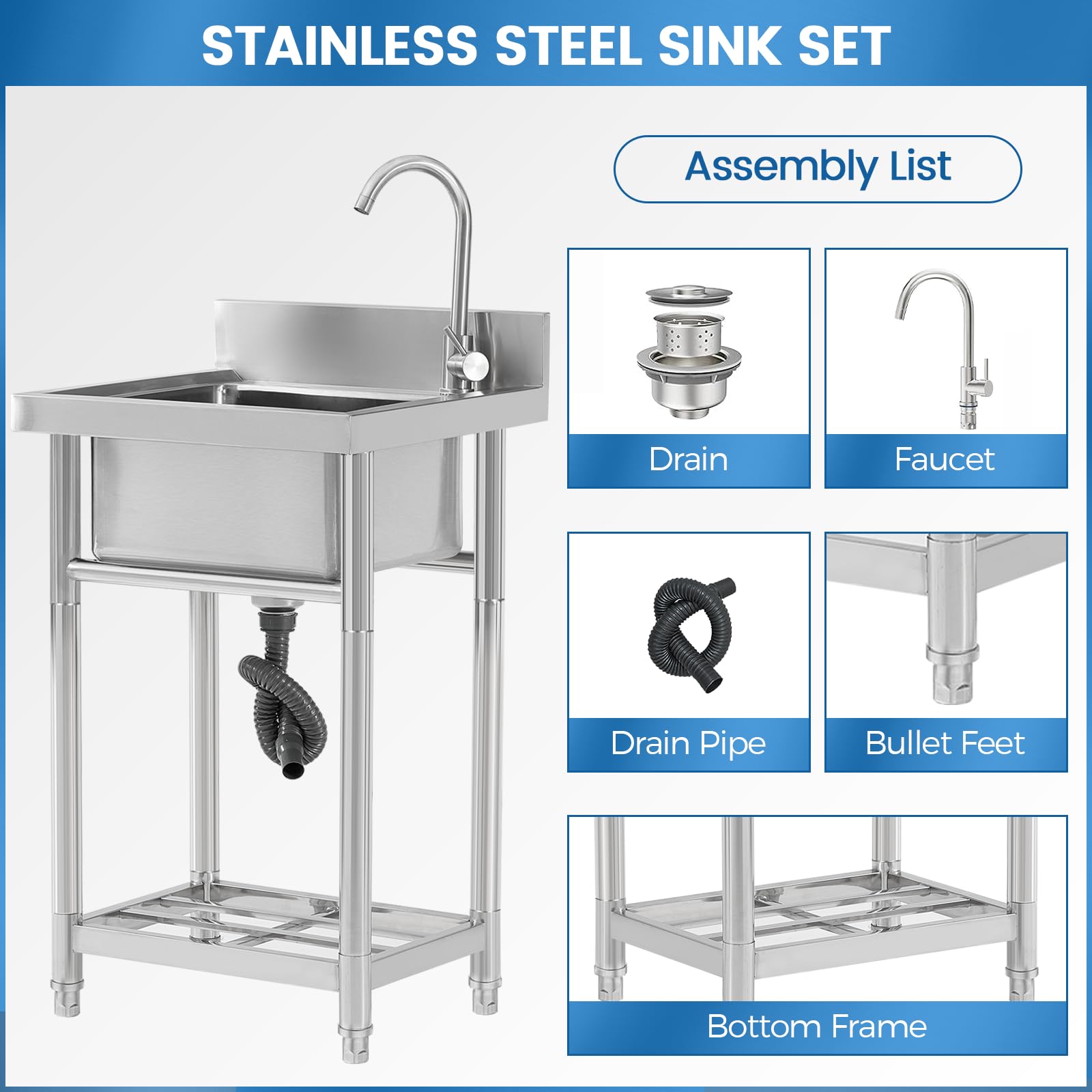 KUARBARR Stainless Steel Utility Sink Free Standing Single Bowl Set Prep Sink Station for Restaurant Kitchens Laundry Room Bathroom Farmhouse 22 Inches