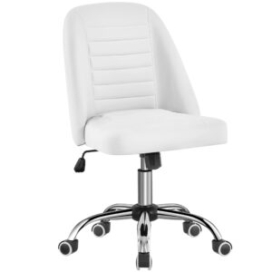 yaheetech pu leather armless office chair, mid back desk chair, computer task chair, modern vanity chair with rolling wheels, metal base white