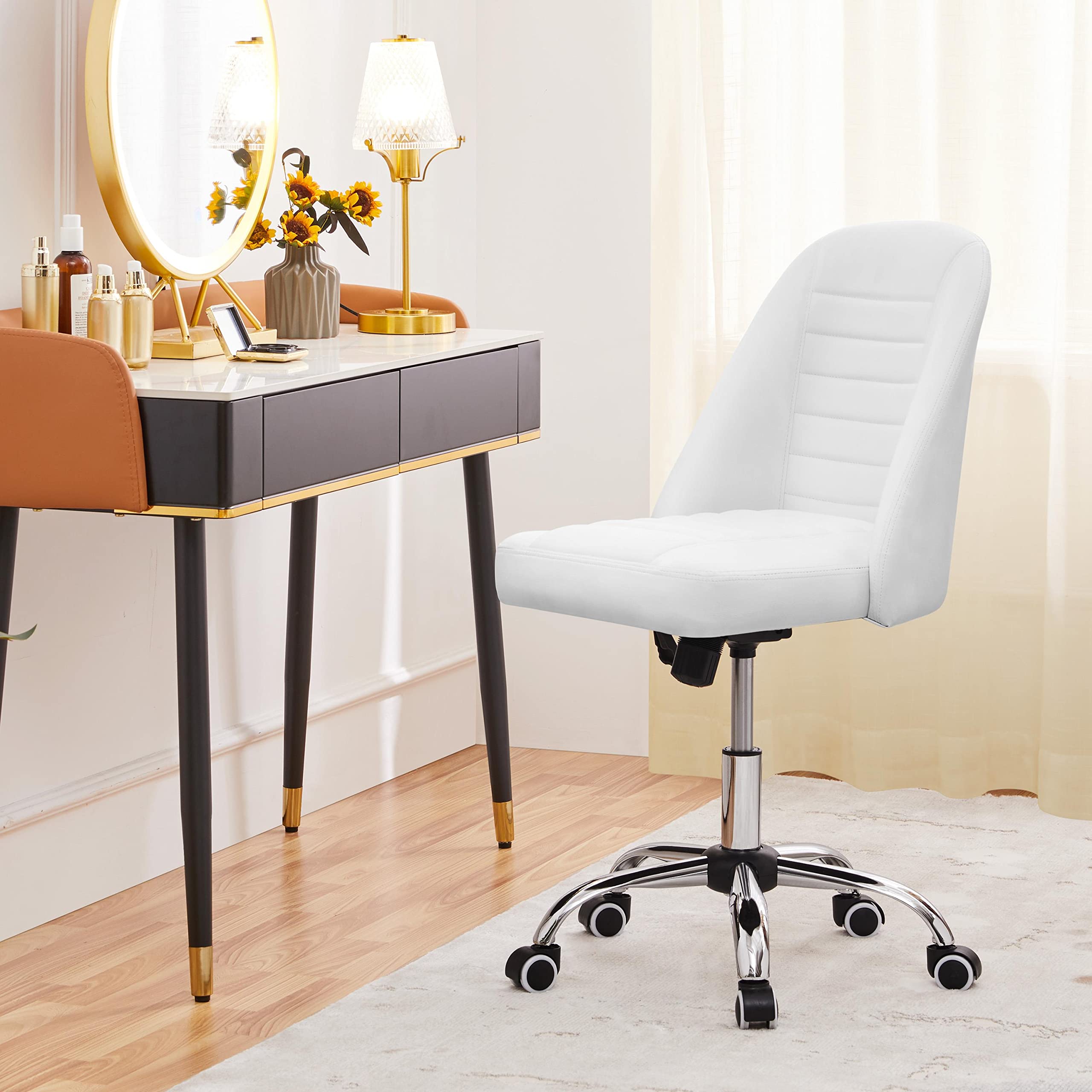 Yaheetech PU Leather Armless Office Chair, Mid Back Desk Chair, Computer Task Chair, Modern Vanity Chair with Rolling Wheels, Metal Base White