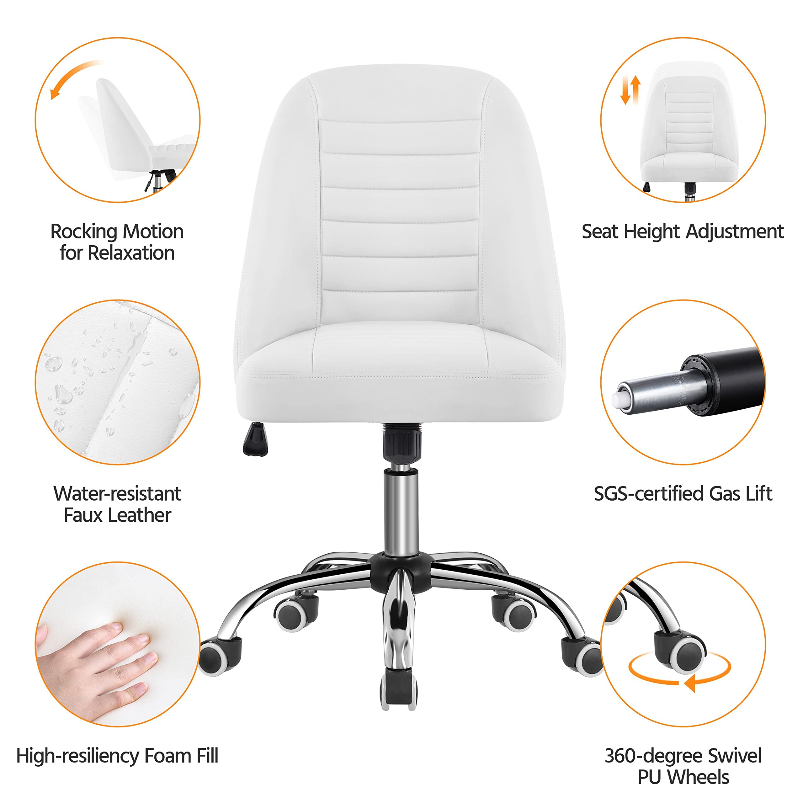 Yaheetech PU Leather Armless Office Chair, Mid Back Desk Chair, Computer Task Chair, Modern Vanity Chair with Rolling Wheels, Metal Base White