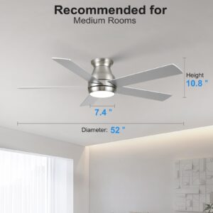 POCHFAN 52 Inch Low Profile Ceiling Fans With Lights and Remote, Flush Mount Modern Ceiling Fan, 3CCT Dimmable DC Ceiling Fan for Bedroom, Living Room, Brushed Nickel