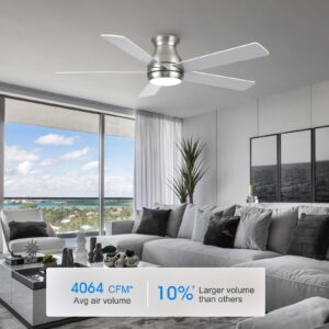 POCHFAN 52 Inch Low Profile Ceiling Fans With Lights and Remote, Flush Mount Modern Ceiling Fan, 3CCT Dimmable DC Ceiling Fan for Bedroom, Living Room, Brushed Nickel