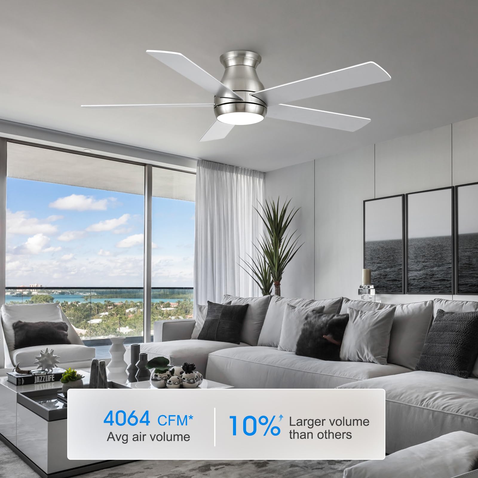 POCHFAN 52 Inch Low Profile Ceiling Fans With Lights and Remote, Flush Mount Modern Ceiling Fan, 3CCT Dimmable DC Ceiling Fan for Bedroom, Living Room, Brushed Nickel