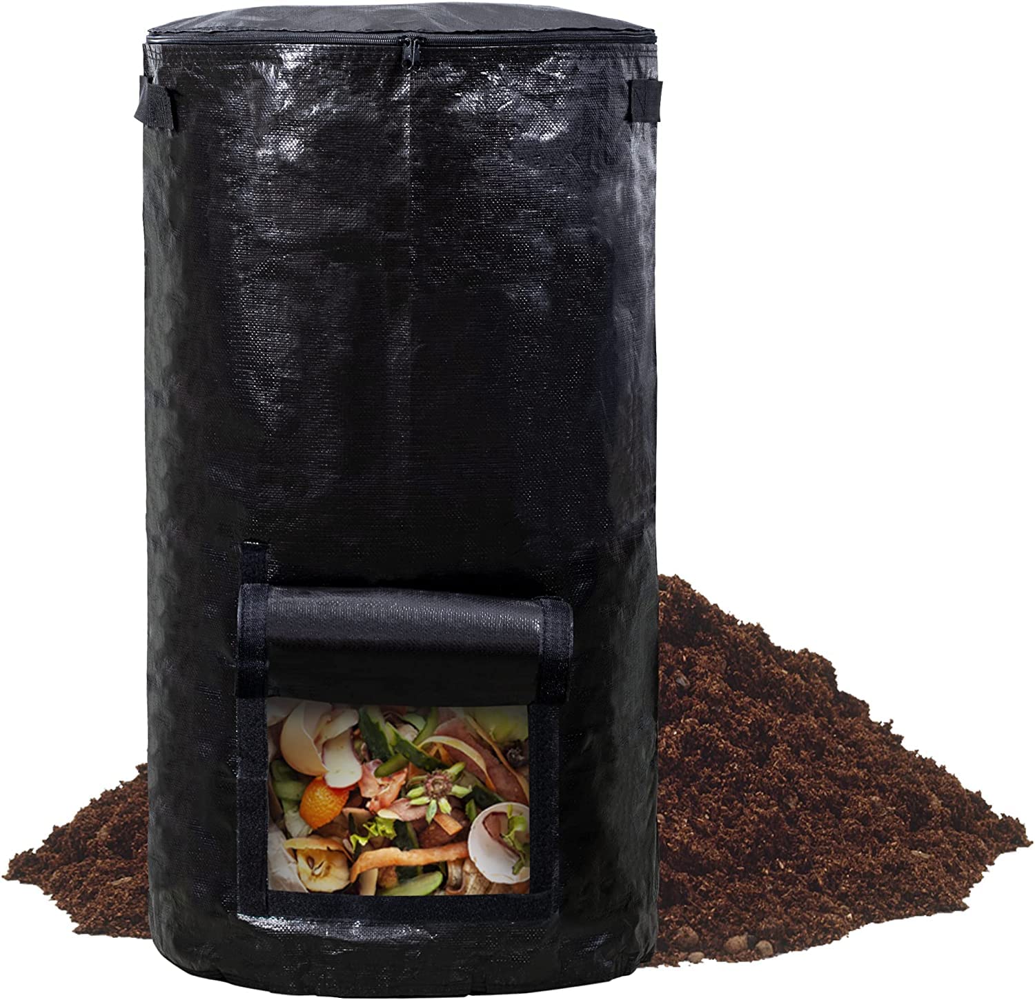 34 Gallon Garden Compost Bin Bag, Reusable Organic Fertilizer Fermented Bag with Lid,Collapsible Leaf Lawn Bags Gardening Container (Black)