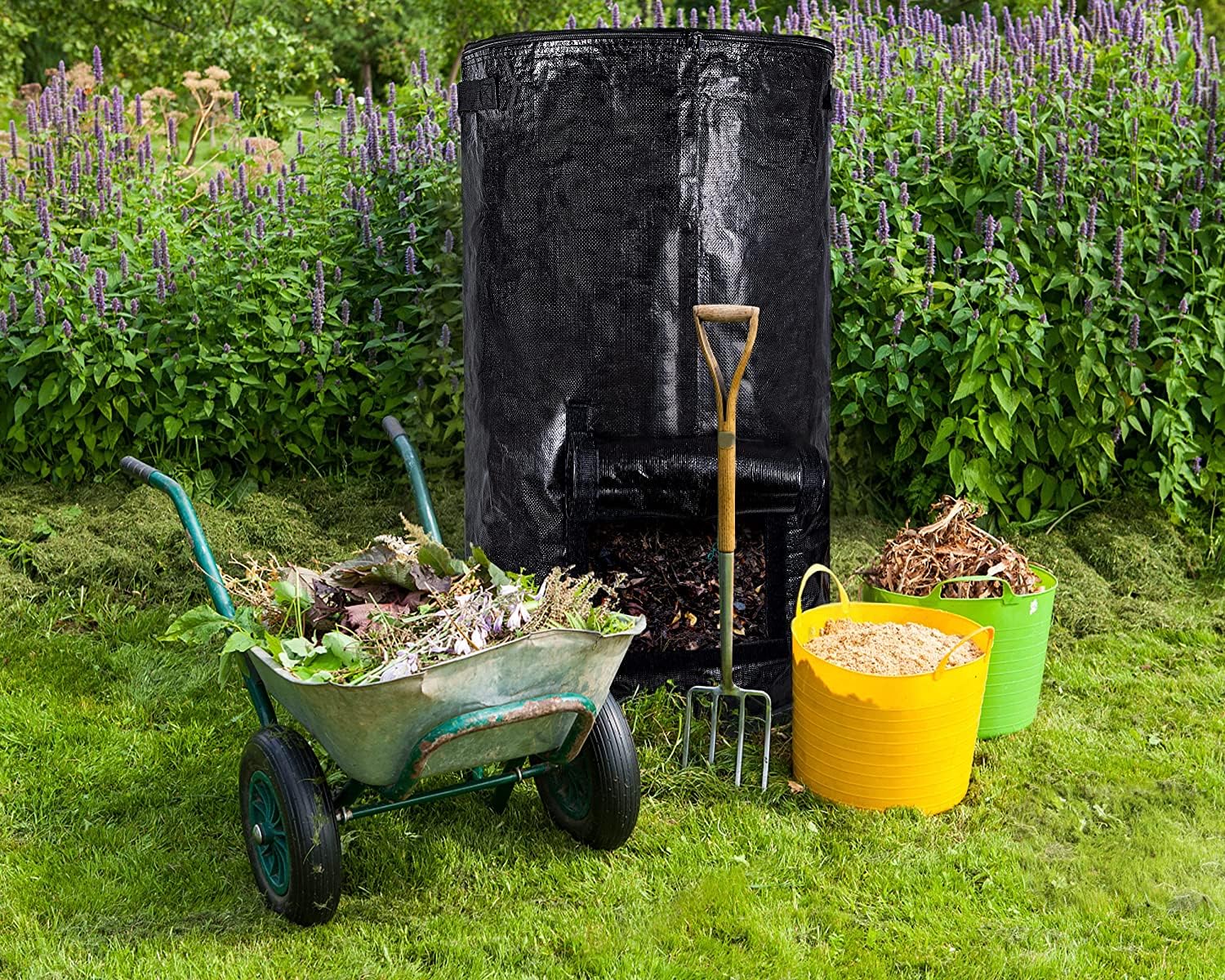 34 Gallon Garden Compost Bin Bag, Reusable Organic Fertilizer Fermented Bag with Lid,Collapsible Leaf Lawn Bags Gardening Container (Black)