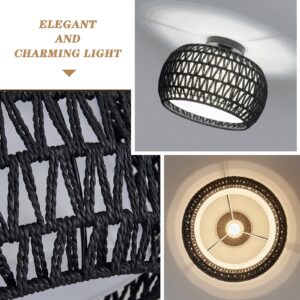 Rattan Ceiling Light Fixtures, Hand-woven Boho Flush Mount Ceiling Light, Handmade Rattan Light Fixtures Ceiling Mount with Fabric Shade, Farmhouse Light Fixture for Bedroom Hallway Entryway (Black)