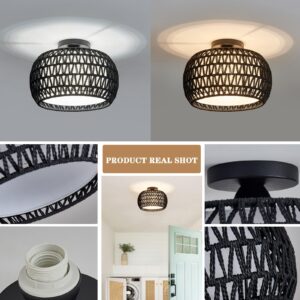 Rattan Ceiling Light Fixtures, Hand-woven Boho Flush Mount Ceiling Light, Handmade Rattan Light Fixtures Ceiling Mount with Fabric Shade, Farmhouse Light Fixture for Bedroom Hallway Entryway (Black)