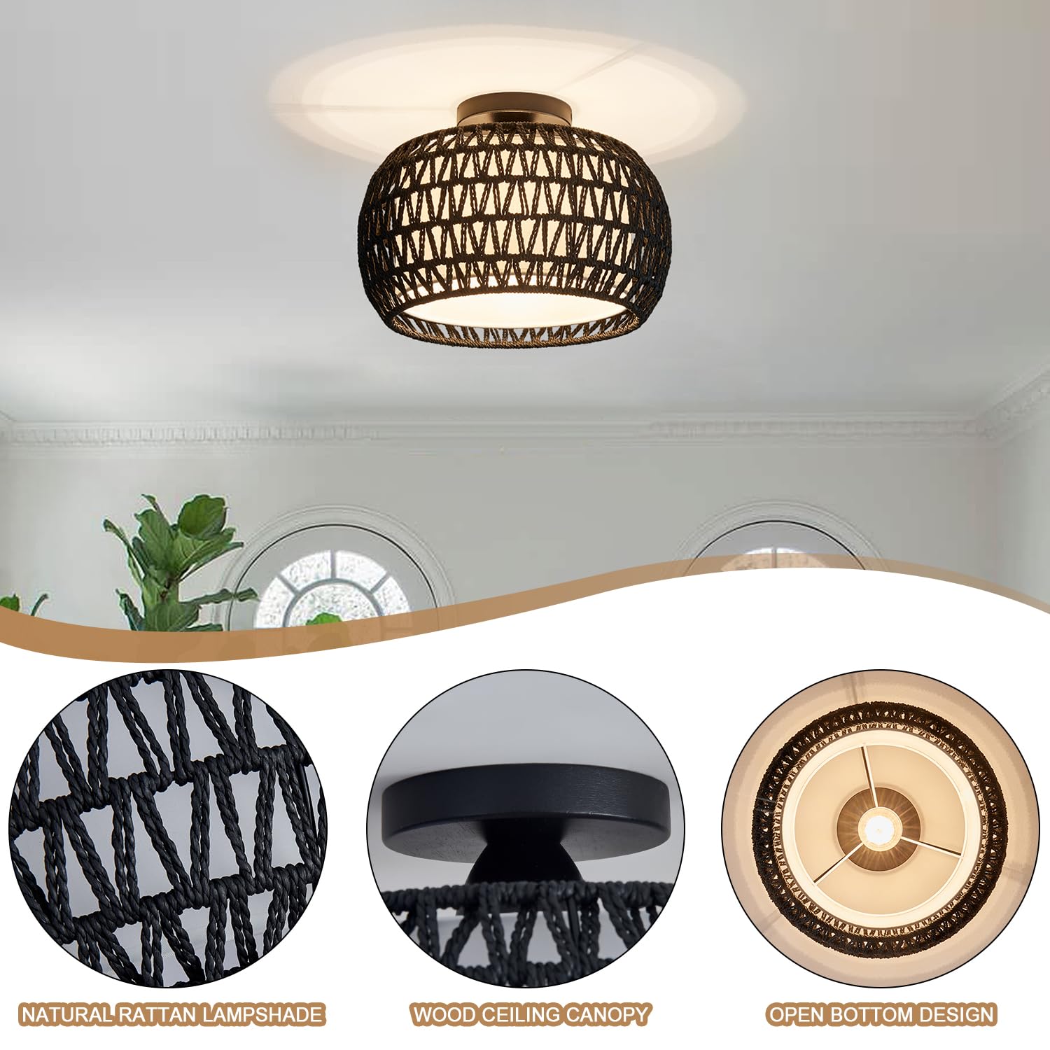 Rattan Ceiling Light Fixtures, Hand-woven Boho Flush Mount Ceiling Light, Handmade Rattan Light Fixtures Ceiling Mount with Fabric Shade, Farmhouse Light Fixture for Bedroom Hallway Entryway (Black)