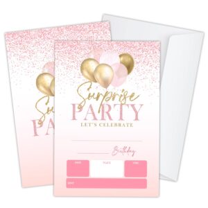 Rose Pink Gold Surprise Birthday Invitations for Women, Pink Balloons Birthday Invites for Adult Boys Girls Teens kids, Any Age Birthday Party Invite Ideas, 20 Invitations with Envelopes - JY709