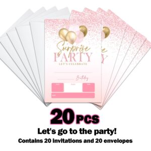 Rose Pink Gold Surprise Birthday Invitations for Women, Pink Balloons Birthday Invites for Adult Boys Girls Teens kids, Any Age Birthday Party Invite Ideas, 20 Invitations with Envelopes - JY709