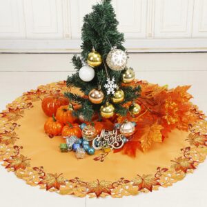 GRANDDECO Christmas Tree Skirt 36 Inch Thanksgiving Fall Tree Mat Harvest Fall Cutwork Embroidered Maple Leaves Xmas Tree Decor for Holiday Party Decorations Indoor Outdoor (Tree Skirt 36" (91cm))