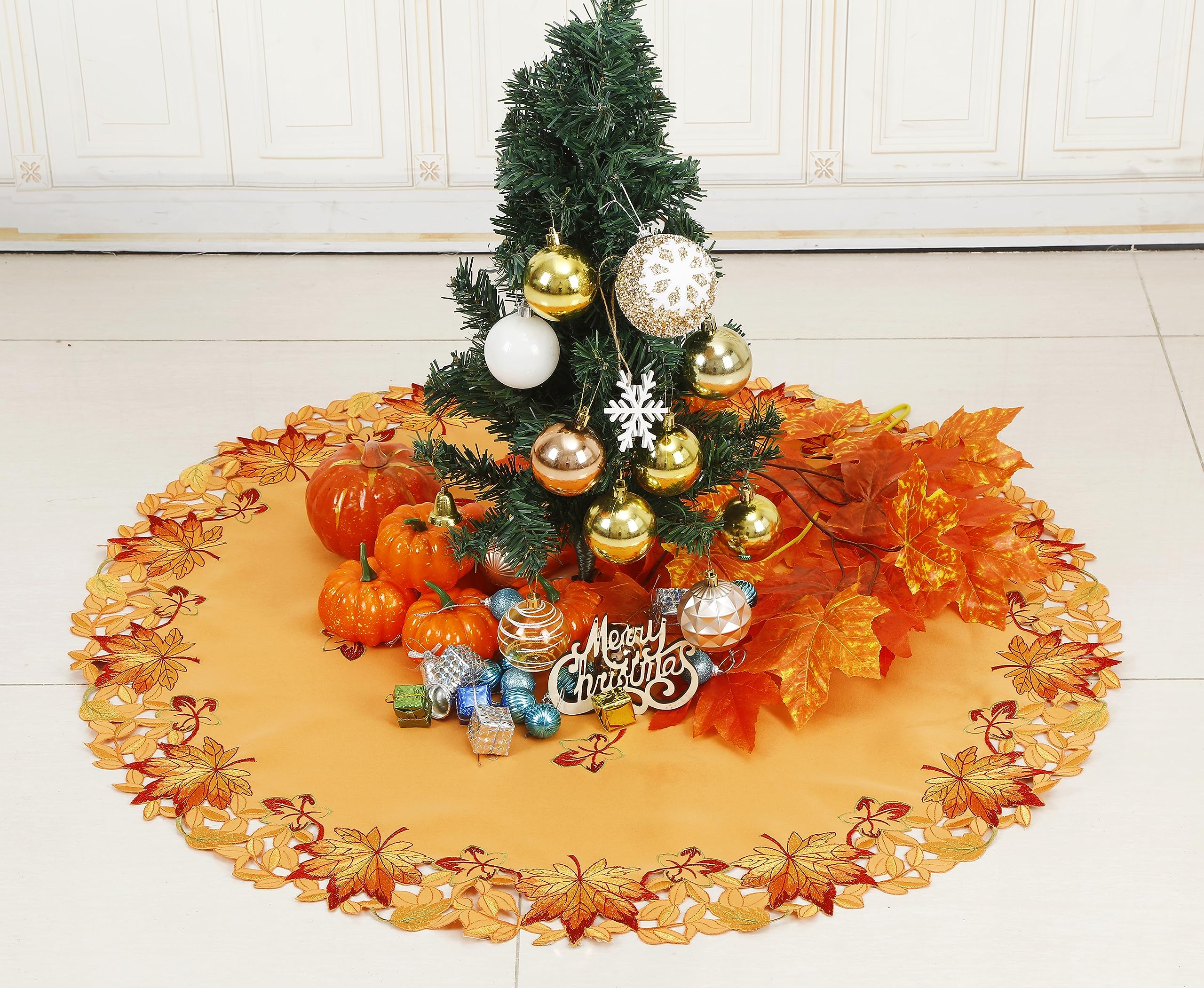 GRANDDECO Christmas Tree Skirt 36 Inch Thanksgiving Fall Tree Mat Harvest Fall Cutwork Embroidered Maple Leaves Xmas Tree Decor for Holiday Party Decorations Indoor Outdoor (Tree Skirt 36" (91cm))