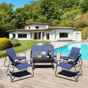 PAIQIAN 4 Piece Patio Outdoor Furniture Set with Strong Powder Coated Metal Frame One Love Seat, Two Single Chairs and one Table for Porch, Balcony, Backyad, Patio Conversation Set (Navy Blue)