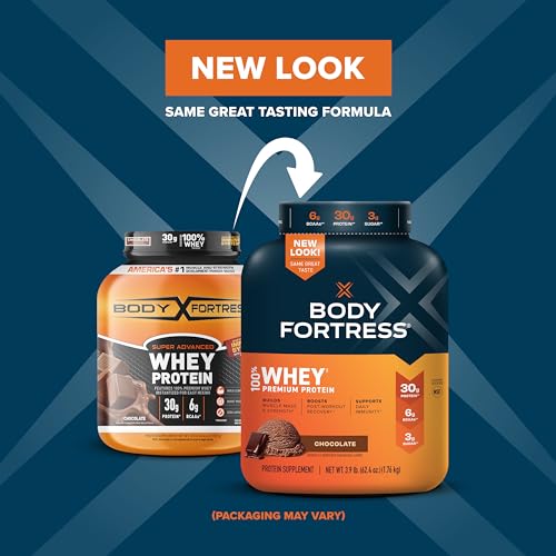 Body Fortress Super Advanced Whey Protein Powder, Chocolate, 60g Protein & 12g BCAAs Per 2 Scoops, Muscle Gain & Recovery, Immune Support with Vitamins C & D, 3.9lbs (Packaging May Vary)