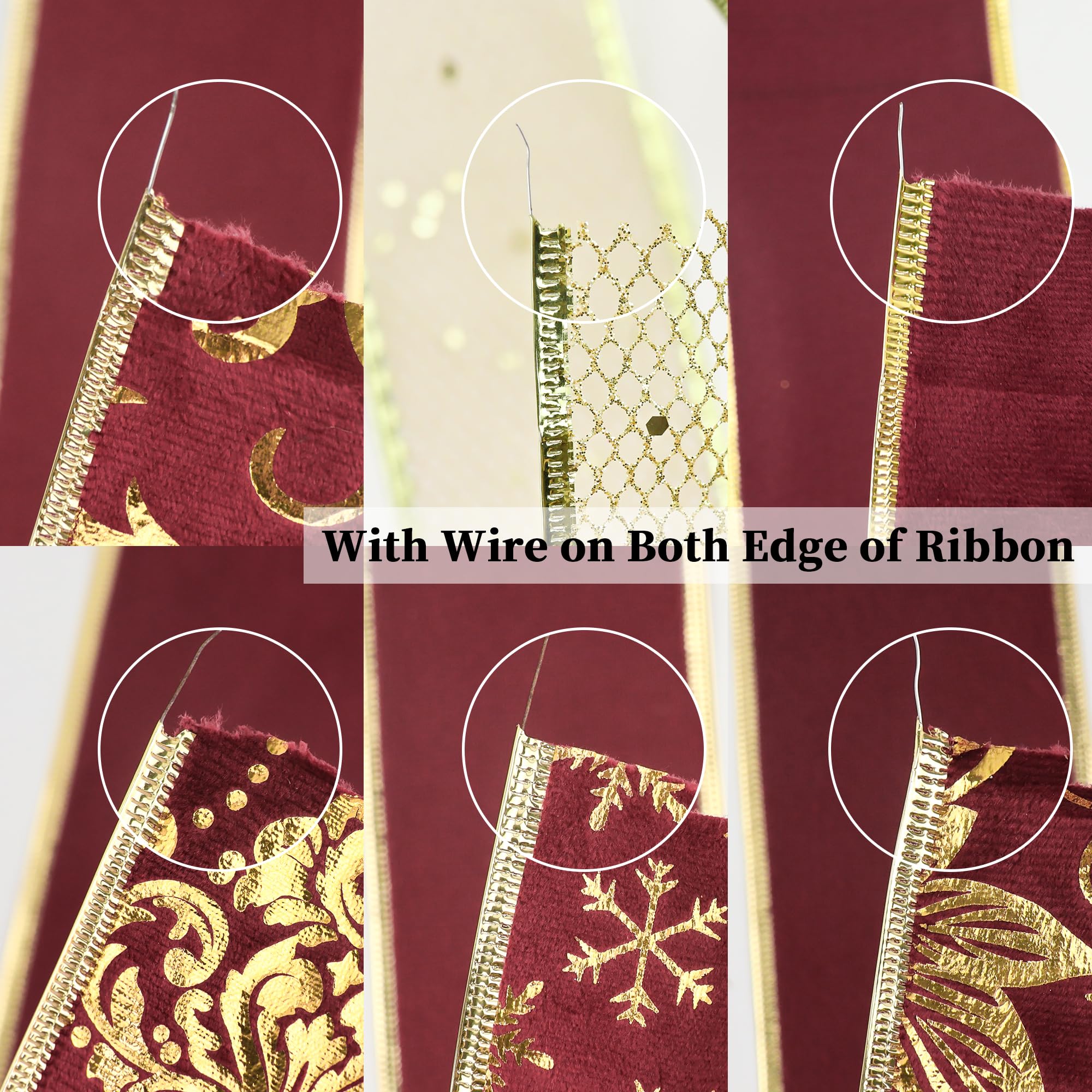 AIMUDI Burgundy Christmas Velvet Ribbon Wired 2.5" Burgundy and Gold Ribbon for Christmas Tree Decorations Dark Red Wired Ribbon for Wreaths, Gift Wrapping, Crafts, Topper Bow - 6 Rolls 36 Yards